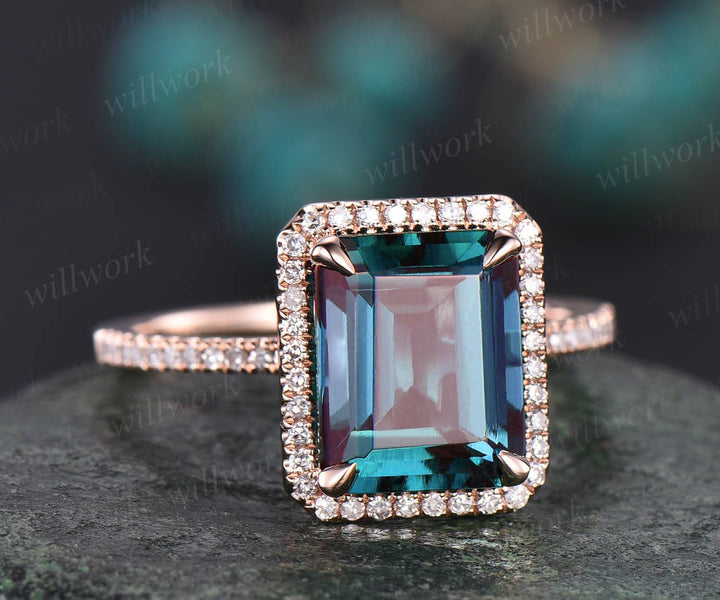 8x10mm emerald cut Alexandrite engagement ring diamond ring for women solid 14k rose gold ring June birthstone ring Alexandrite jewelry gift