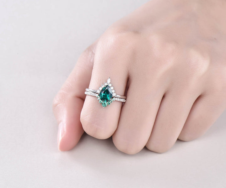 Rose gold ring set emerald bridal set 2pcs pear cut emerald engagement ring set moissanite ring crown marquise unique vintage ring band
