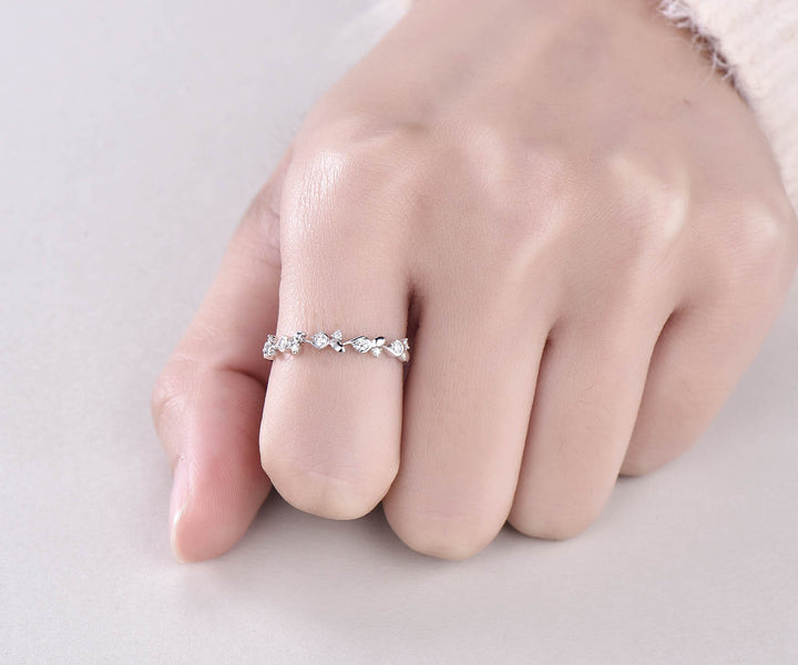 Flower diamond wedding ring unique half eternity diamond wedding band vintage stacking matching ring anniversary birthday graduation gift