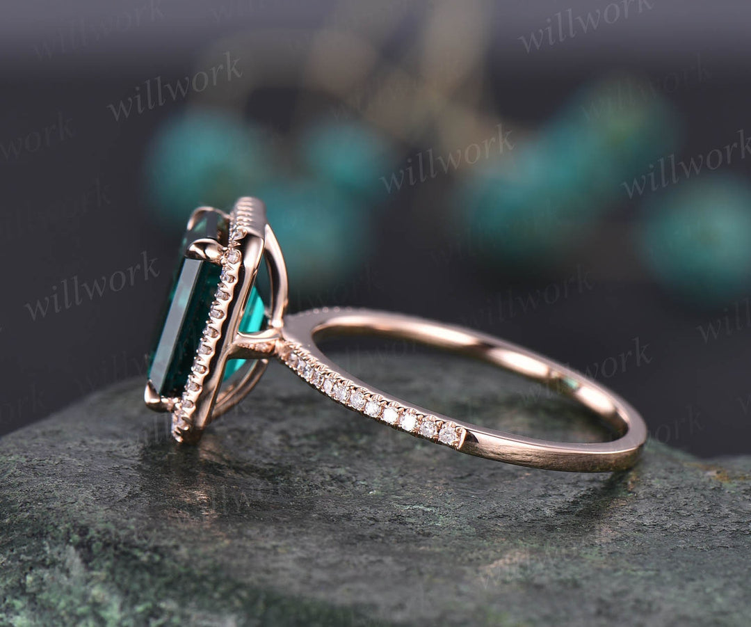 8x10mm emerald cut emerald engagement ring 14k rose gold diamond halo ring May birthstone ring vintage emerald ring jewelry anniversary gift