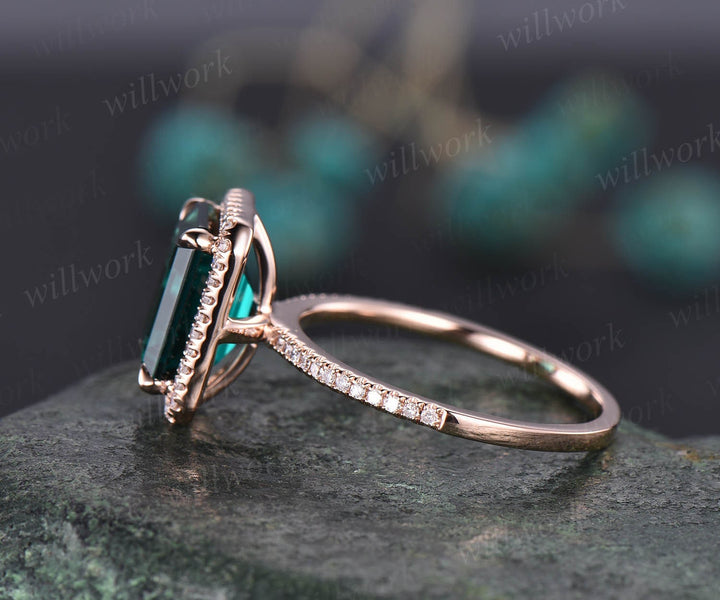 8x10mm emerald cut emerald engagement ring 14k rose gold diamond halo ring May birthstone ring vintage emerald ring jewelry anniversary gift