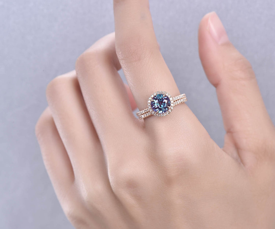 2pcs Alexandrite Ring Set Alexandrite Engagement Set Diamond Halo Alexandrite Wedding June Birthstone Ring Set Anniversary Gift For Her