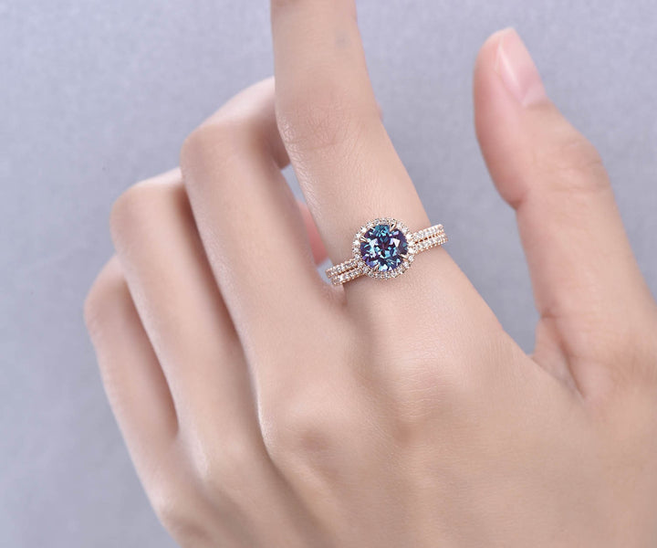 2pcs Alexandrite Ring Set Alexandrite Engagement Set Diamond Halo Alexandrite Wedding June Birthstone Ring Set Anniversary Gift For Her