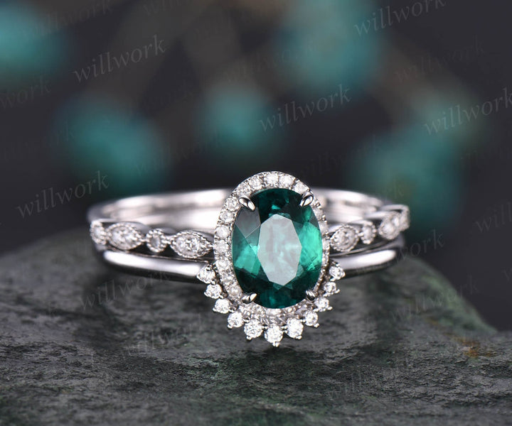 2pcs emerald bridal ring set green emerald engagement ring set rose gold marquise diamond halo ring moissanite crown wedding ring band gift