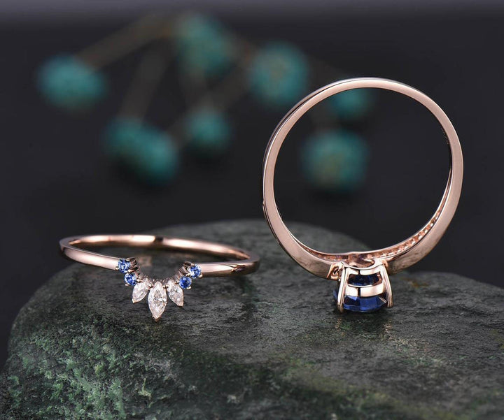 Pear sapphire wedding bridal set 2pc sapphire engagement ring set rose gold marquise moissanite ring natural sapphire wedding band for women
