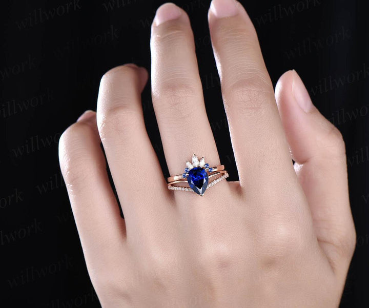 Pear sapphire wedding bridal set 2pc sapphire engagement ring set rose gold marquise moissanite ring natural sapphire wedding band for women