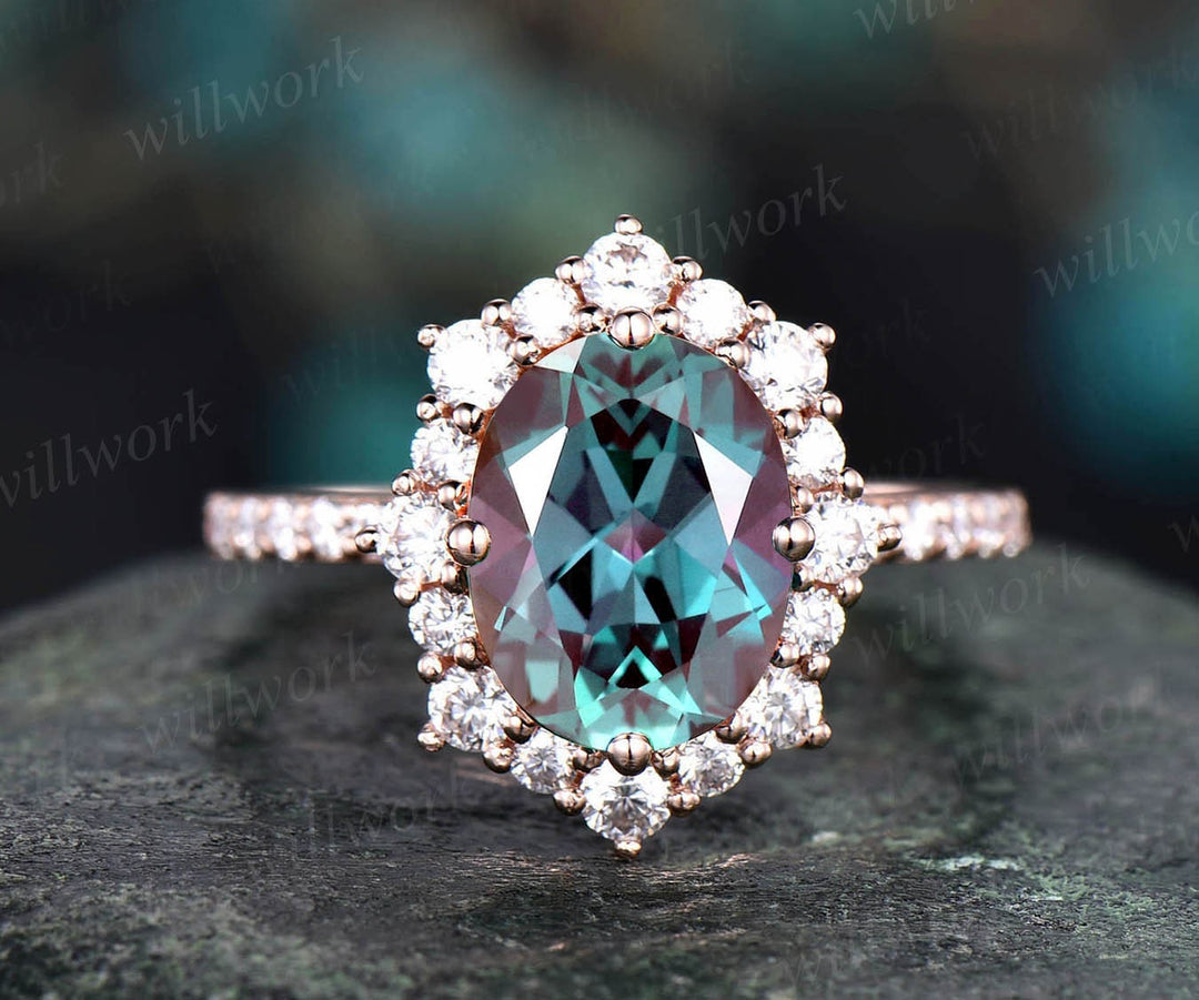 2ct Unique oval cut Alexandrite engagement ring white gold cluster halo moissanite ring antique half eternity wedding bridal ring for women