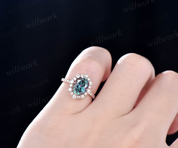 2ct Unique oval cut Alexandrite engagement ring white gold cluster halo moissanite ring antique half eternity wedding bridal ring for women