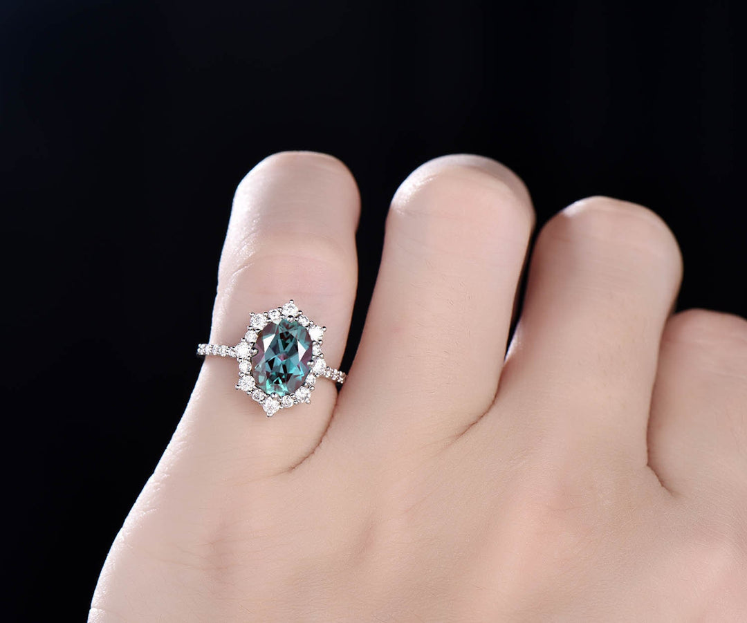 2ct Unique oval cut Alexandrite engagement ring white gold cluster halo moissanite ring antique half eternity wedding bridal ring for women