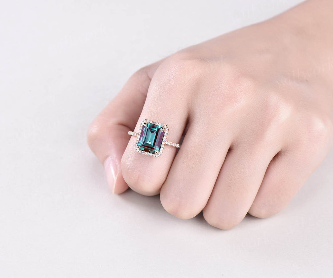 8x10mm emerald cut Alexandrite engagement ring diamond ring for women solid 14k rose gold ring June birthstone ring Alexandrite jewelry gift
