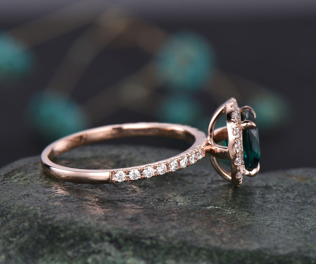 7mm cushion cut emerald engagement ring solid 14k rose gold moissanite halo ring emerald ring gold vintage bridal wedding promise ring