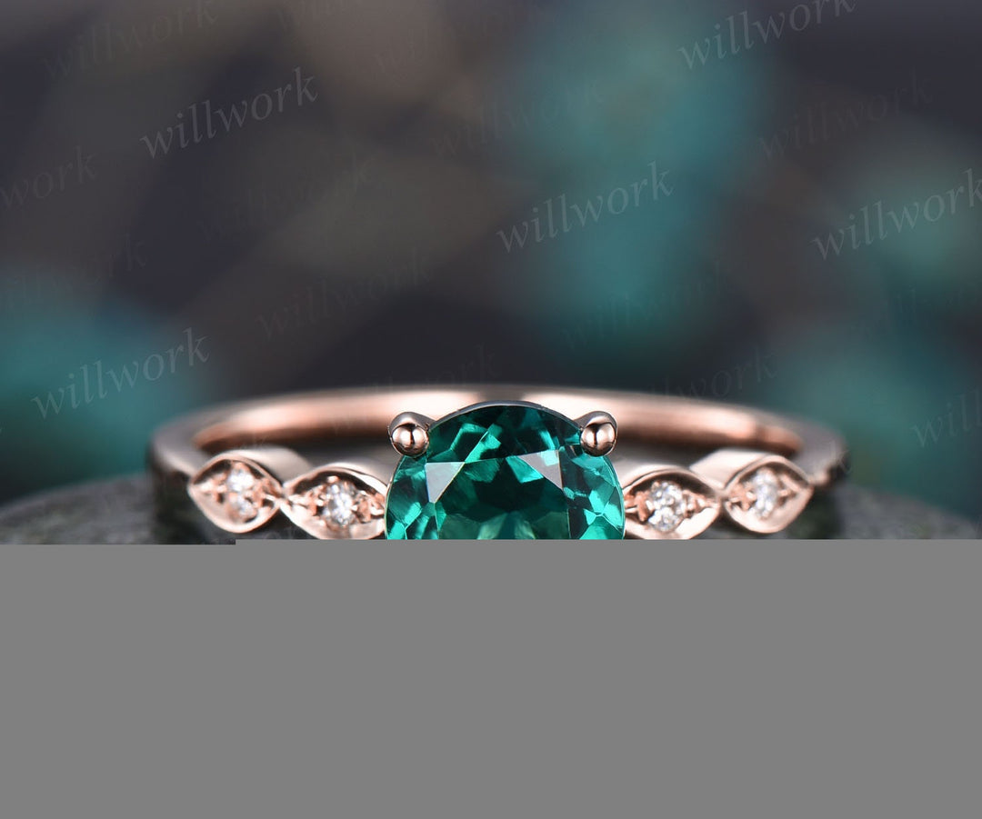 6.5mm round emerald engagement ring art deco diamond ring for women antique rose gold ring May birthstone jewelry marquise ring bridal ring