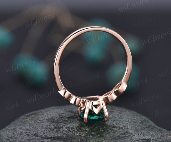 6.5mm round emerald engagement ring art deco diamond ring for women antique rose gold ring May birthstone jewelry marquise ring bridal ring