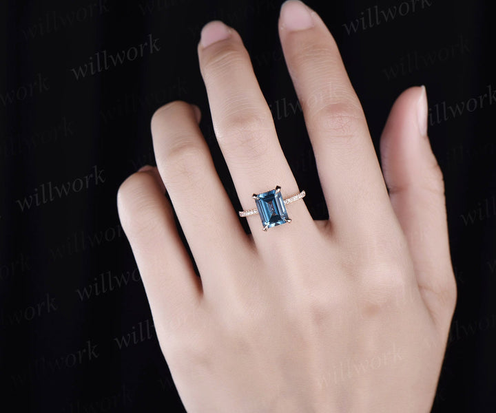 Vintage unique engagement ring under halo basket diamond ring emerald cut London blue topaz engagement ring 14k rose gold topaz ring gold