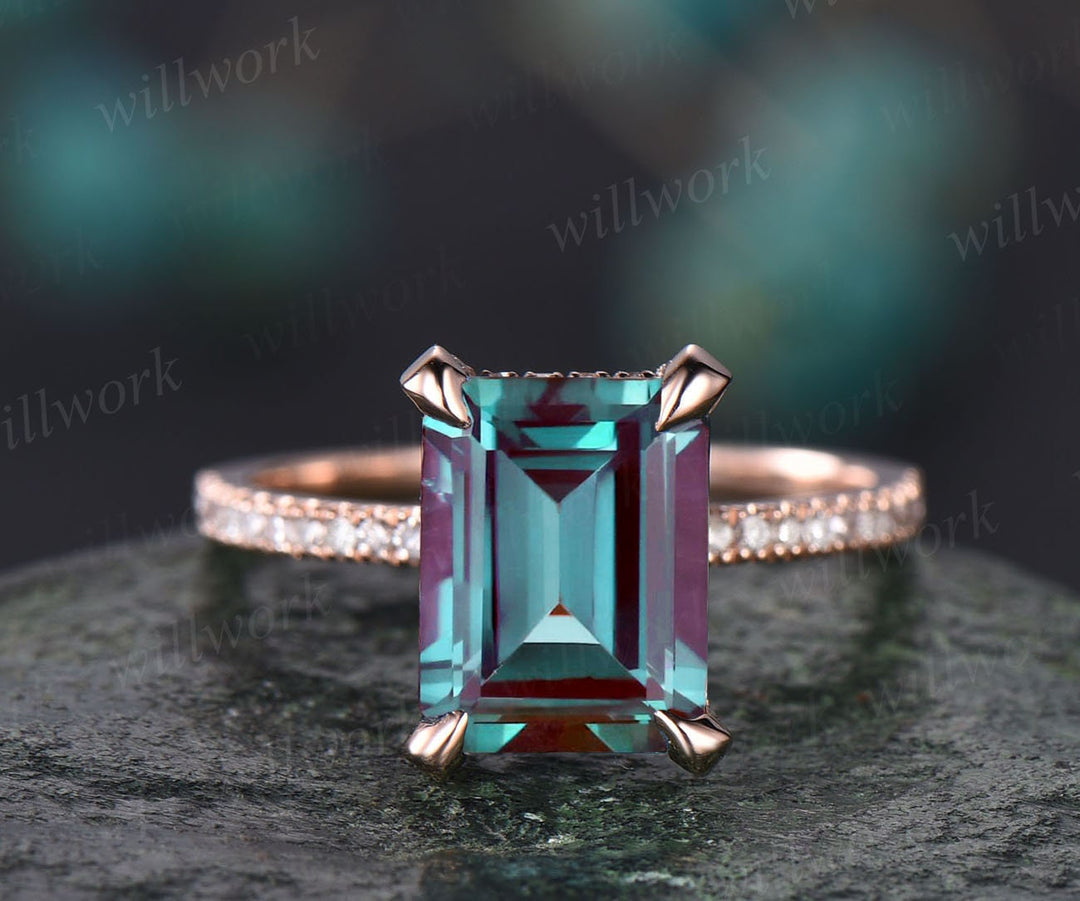 Emerald cut Alexandrite engagement ring under halo basket diamond ring for women rose gold vintage unique engagement ring wedding ring gift