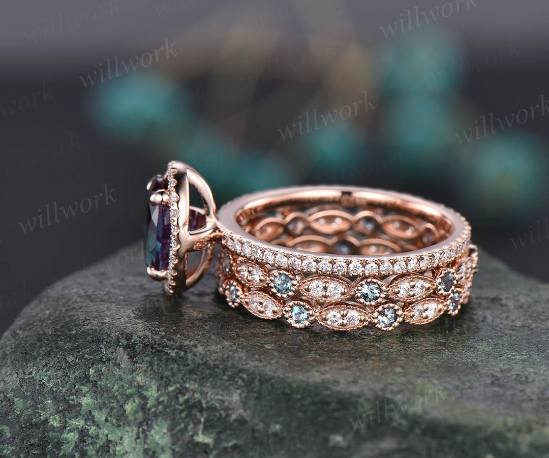 3pcs oval shaped Alexandrite engagement ring set for women full eternity diamond ring halo ring unique Alexandrite wedding band bridal set