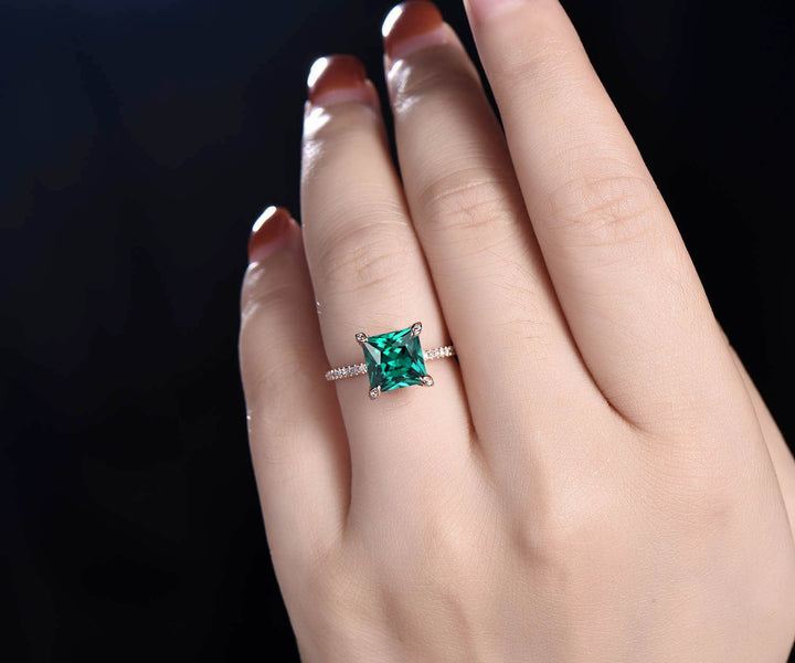 Vintage princess cut emerald engagement ring rose gold half eternity under halo basket moissanite ring unique wedding ring for women jewelry