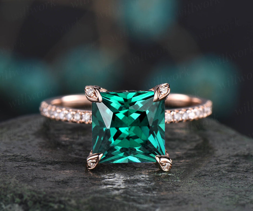 Vintage princess cut emerald engagement ring rose gold half eternity under halo basket moissanite ring unique wedding ring for women jewelry