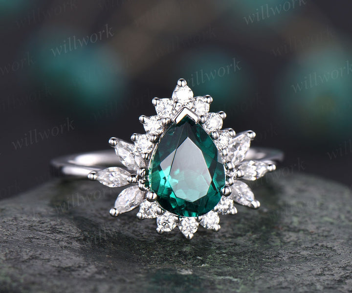 6x8mm pear cut emerald ring vintage unique emerald engagement ring rose gold personalized ring marquise moissanite ring May birthstone ring