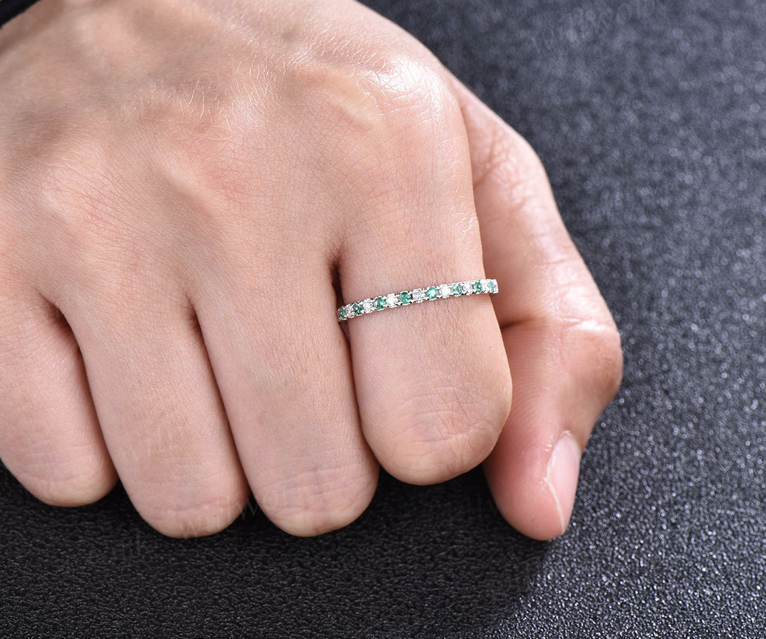 Natural emerald wedding band half eternity diamond wedding ring band diamond ring vintage gold women anniversary ring May birthstone ring