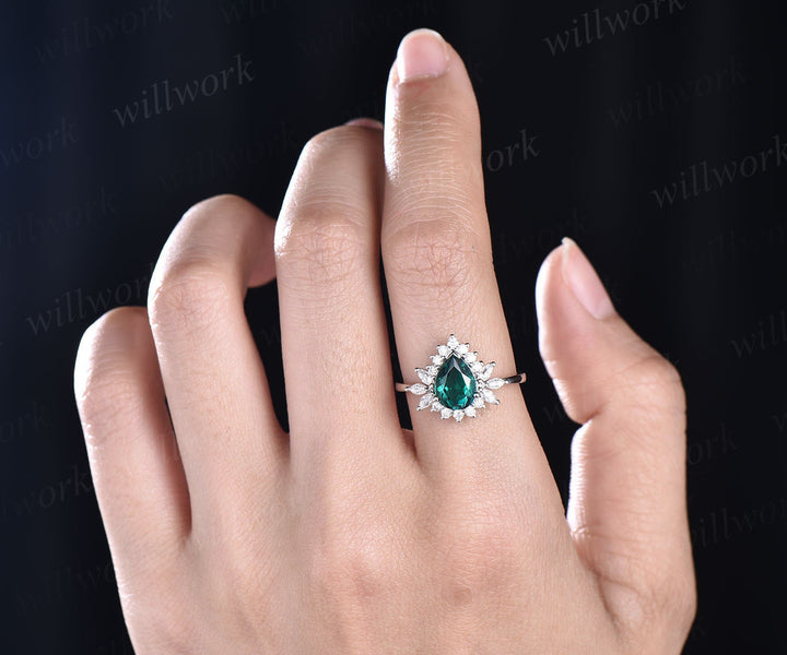 6x8mm pear cut emerald ring vintage unique emerald engagement ring rose gold personalized ring marquise moissanite ring May birthstone ring
