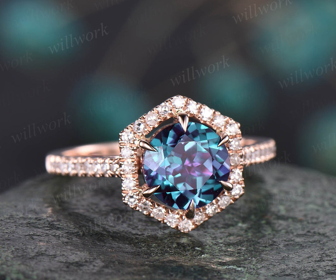 Hexagon halo diamond ring 7mm round shaped Alexandrite engagement ring rose gold ring for women jewelry unqiue wedding ring bridal ring gift
