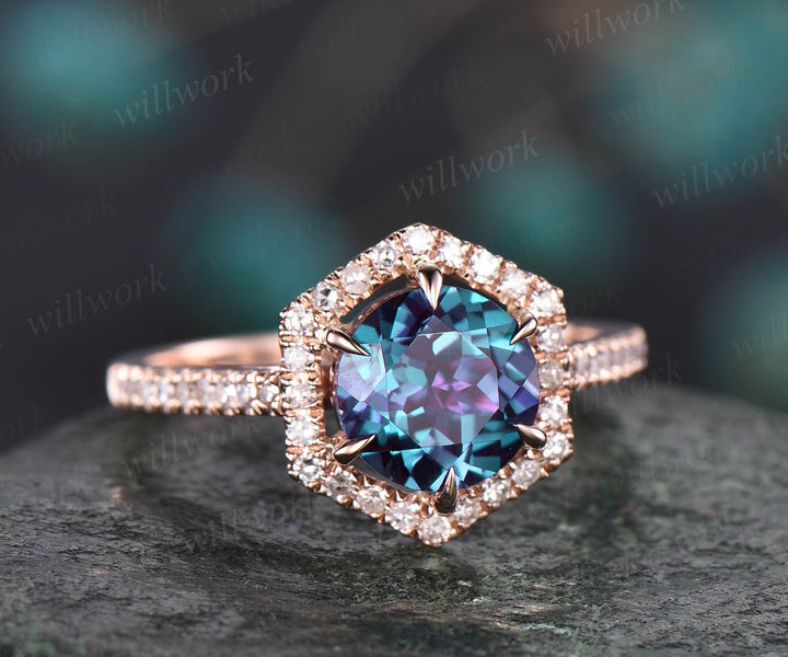 Hexagon halo diamond ring 7mm round shaped Alexandrite engagement ring rose gold ring for women jewelry unqiue wedding ring bridal ring gift