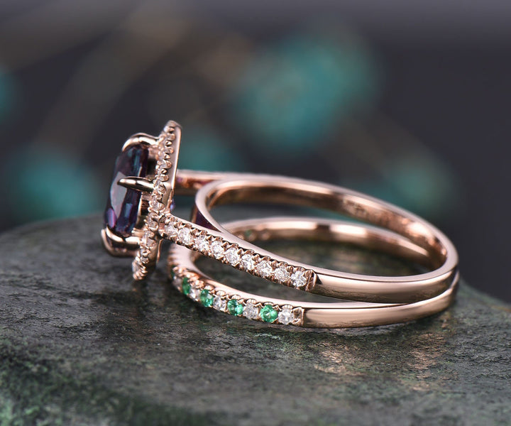 Hexagon halo diamond ring round shaped Alexandrite engagement ring set for women natural emerald wedding band jewelry unique bridal set gift