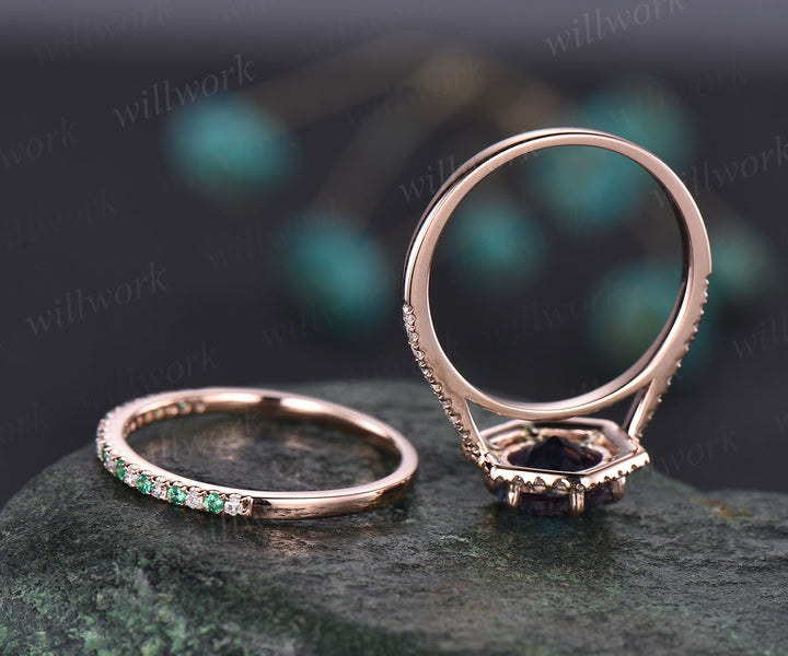 Hexagon halo diamond ring round shaped Alexandrite engagement ring set for women natural emerald wedding band jewelry unique bridal set gift