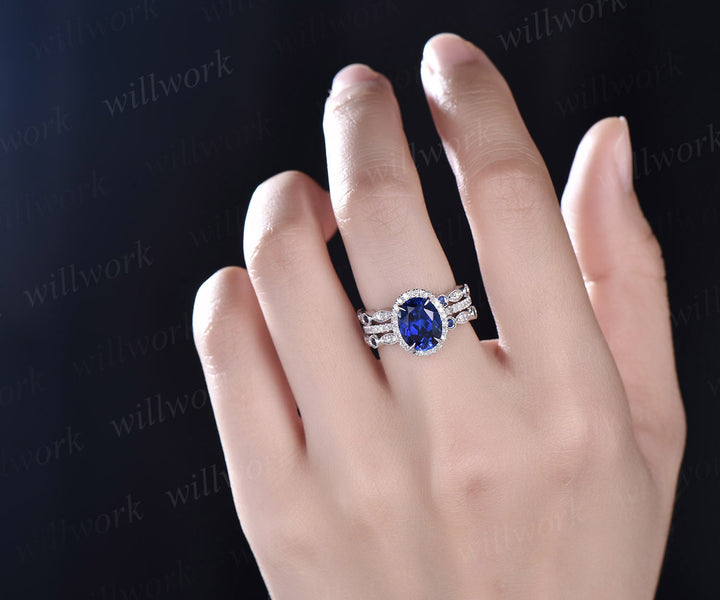 Oval 7x9mm sapphire ring set vintage sapphire engagement ring set diamond natural sapphire ring set white gold September birthstone ring