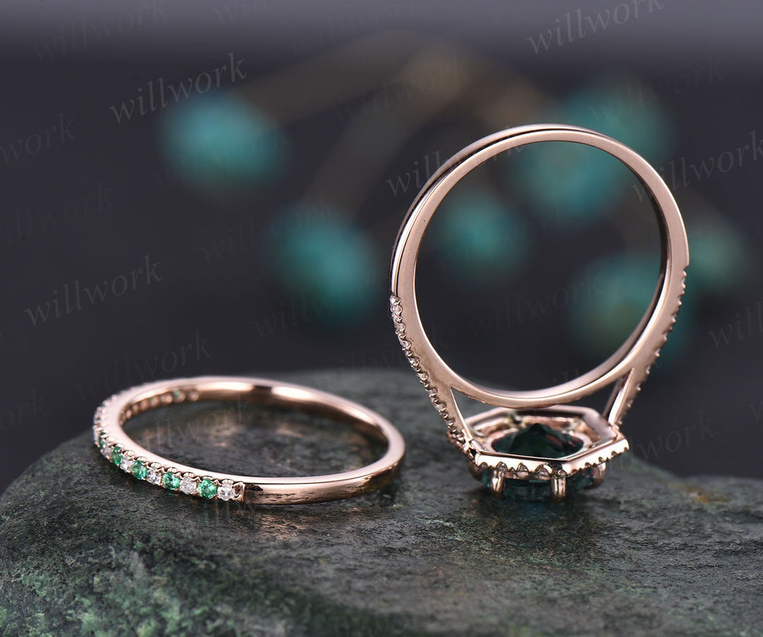 Hexagon halo diamond ring set round shaped emerald engagement ring set rose gold ring for women natural emerald wedding ring band bridal set