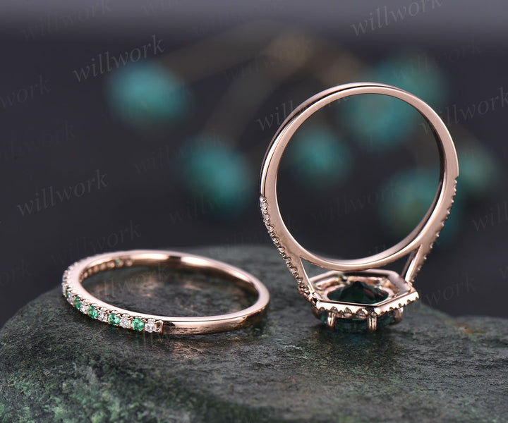 Hexagon halo diamond ring set round shaped emerald engagement ring set rose gold ring for women natural emerald wedding ring band bridal set