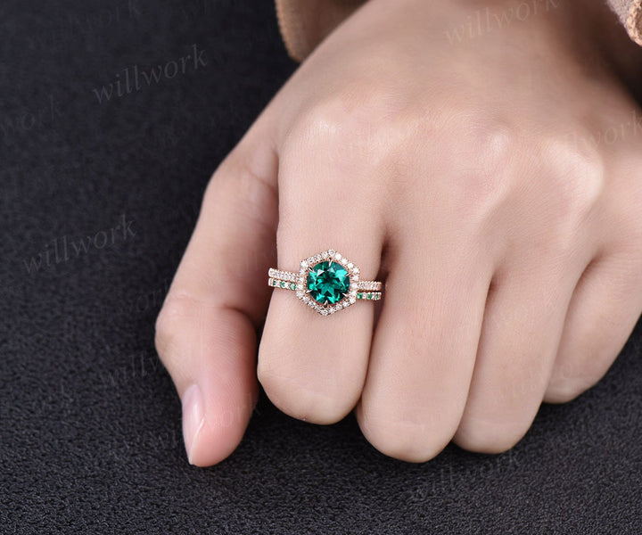 Hexagon halo diamond ring set round shaped emerald engagement ring set rose gold ring for women natural emerald wedding ring band bridal set
