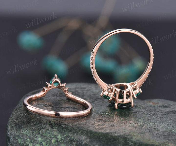 Oval alexandrite bridal set vintage alexandrite engagement ring set emerald ring set dainty diamond ring set birthday stone ring jewelry