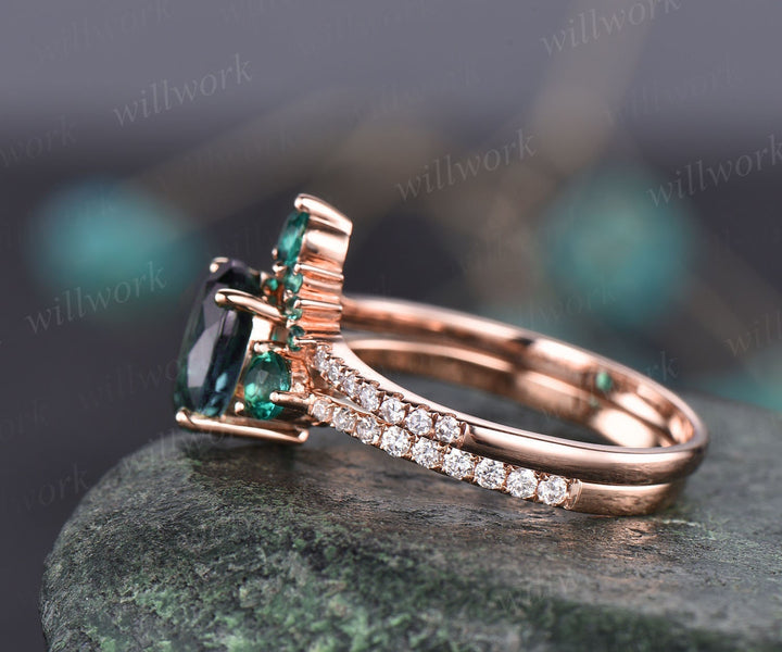 Oval alexandrite bridal set vintage alexandrite engagement ring set emerald ring set dainty diamond ring set birthday stone ring jewelry