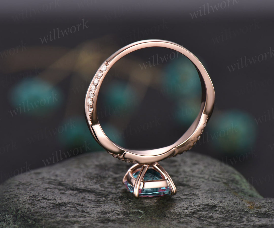 Cushion Alexandrite bridal ring vintage Alexandrite engagement ring rose gold ring for women infinity diamond ring color change stone ring