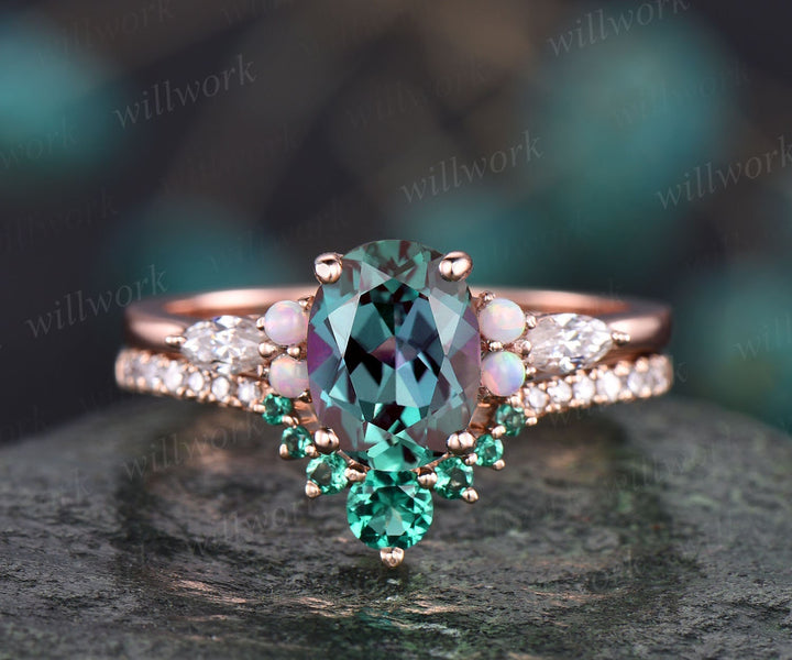 Oval Alexandrite wedding set vintage Alexandrite engagement ring set opal ring set emerald ring set diamond ring set women rose gold ring