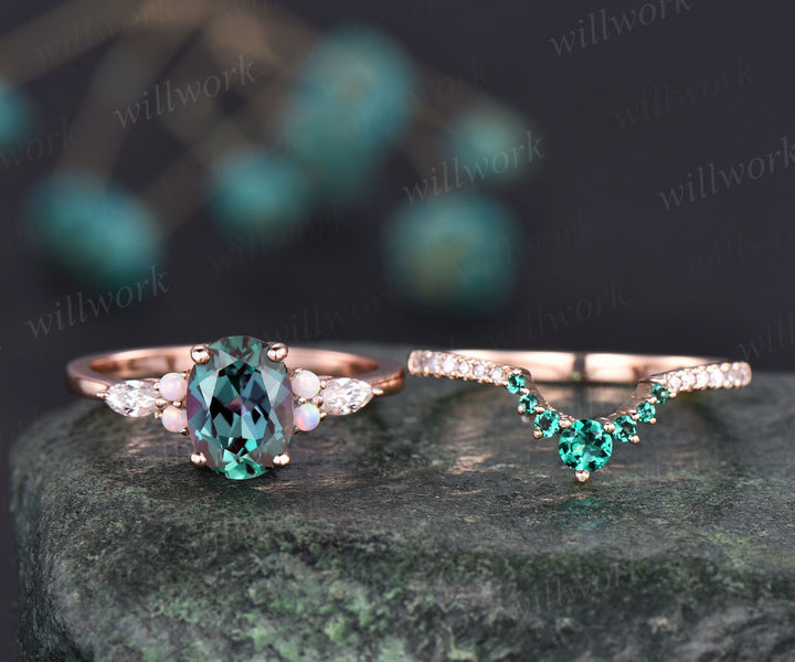 Oval Alexandrite wedding set vintage Alexandrite engagement ring set opal ring set emerald ring set diamond ring set women rose gold ring