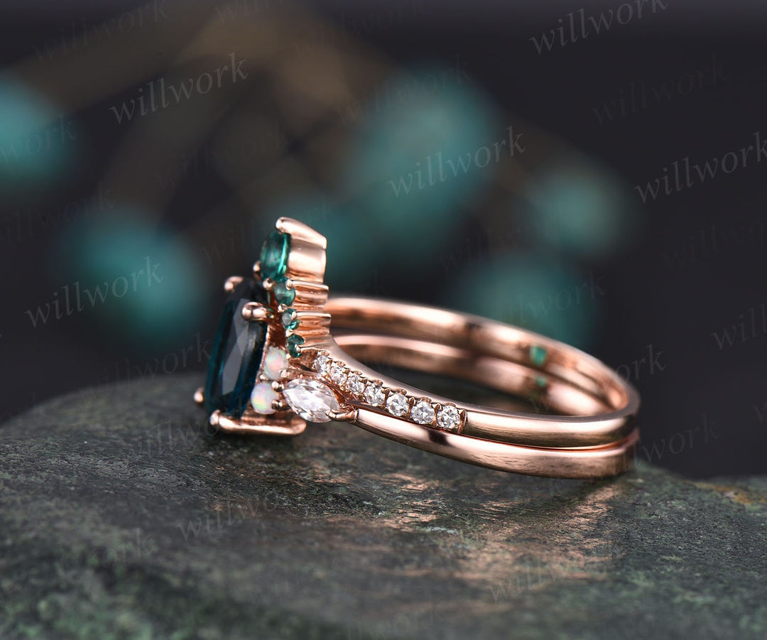 Oval Alexandrite wedding set vintage Alexandrite engagement ring set opal ring set emerald ring set diamond ring set women rose gold ring