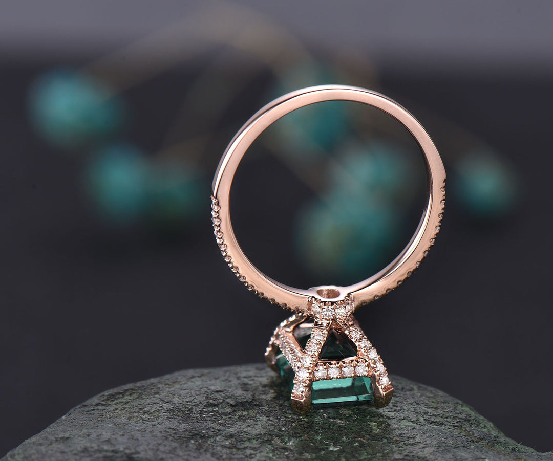 Emerald cut engagement ring vintage emerald engagement ring rose gold under halo basket diamond ring unique dainty jewelry bridal ring gift