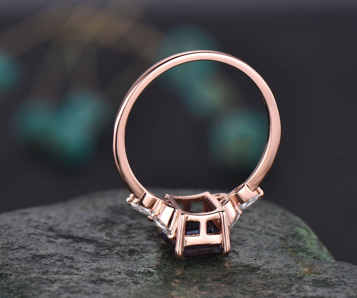 Unique vintage emerald cut engagement ring Alexandrite engagement ring pear moissanite ring rose gold women custom jewelry birthstone ring