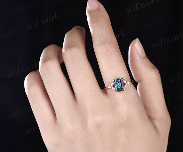Unique vintage emerald cut engagement ring Alexandrite engagement ring pear moissanite ring rose gold women custom jewelry birthstone ring