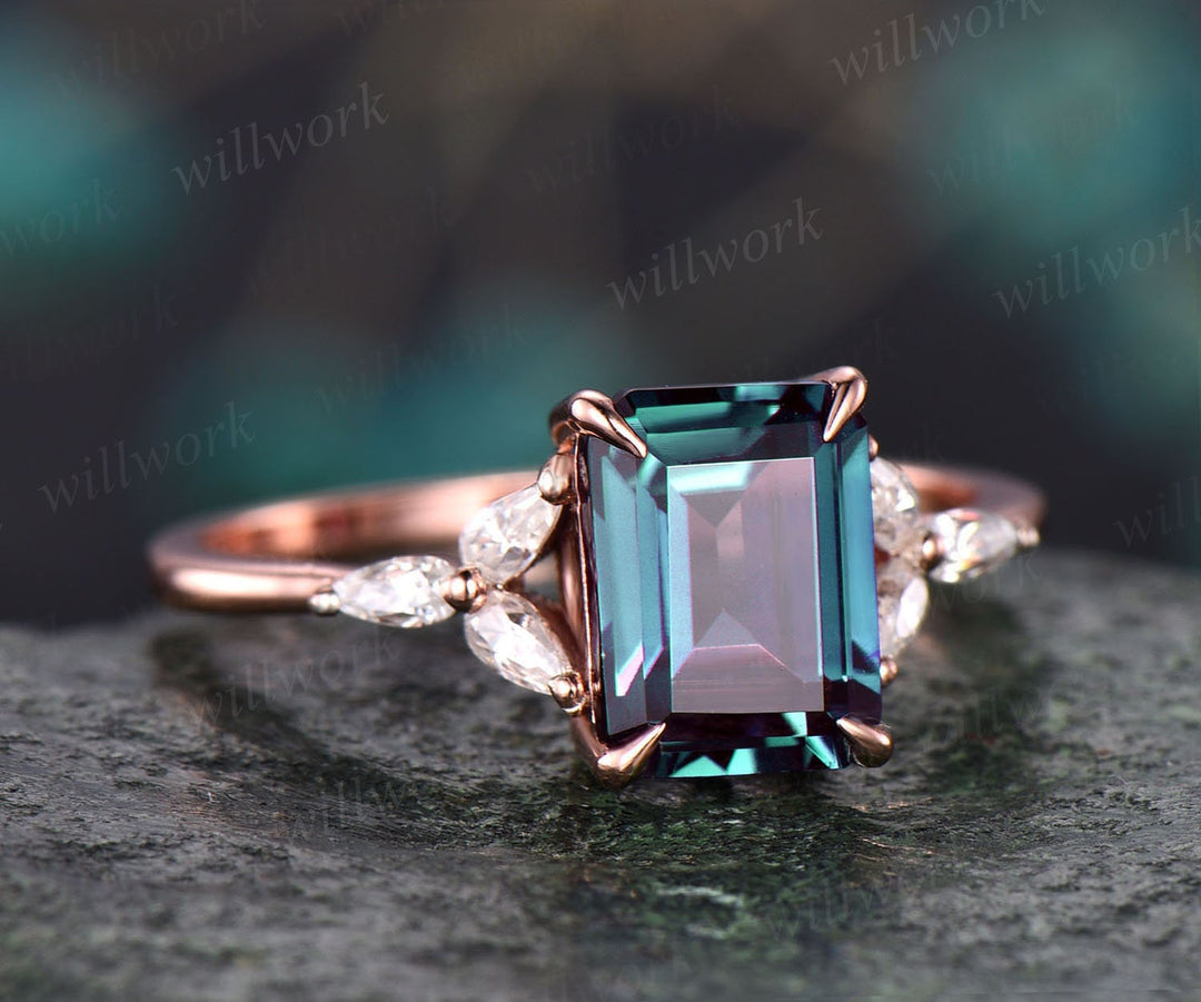 Unique vintage emerald cut engagement ring Alexandrite engagement ring pear moissanite ring rose gold women custom jewelry birthstone ring