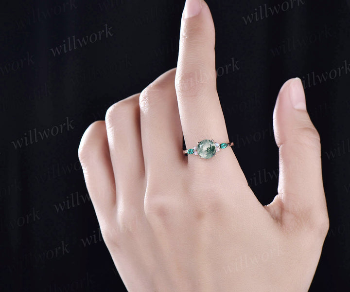 Vintage moss agate engagement ring unique opal ring marquise emerald ring rose gold ring women jewelry birthday gift bridal anniversary ring