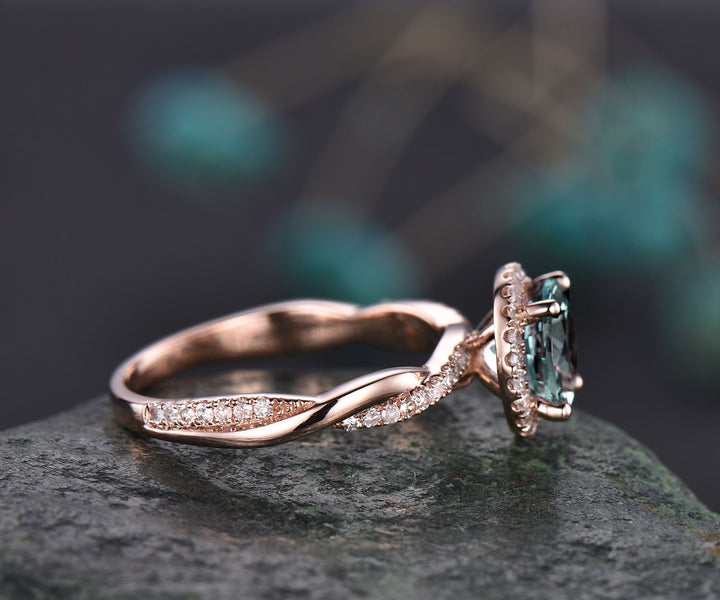 Round shaped Alexandrite ring vintage Alexandrite engagement ring solid 14k rose gold ring infinity diamond halo ring women dainty jewelry