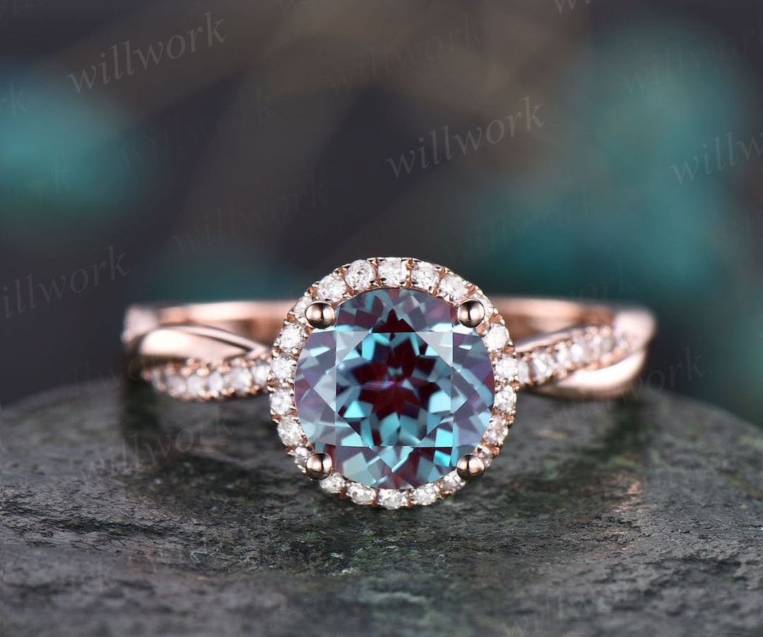 Round shaped Alexandrite ring vintage Alexandrite engagement ring solid 14k rose gold ring infinity diamond halo ring women dainty jewelry
