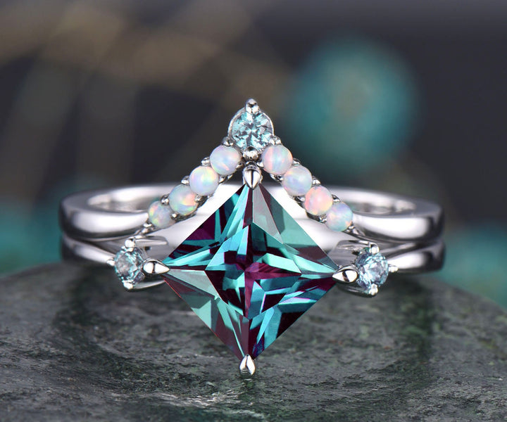Princess cut Alexandrite engagement ring set vintage opal ring set white gold ring set color change stone ring women dainty jewelry gift