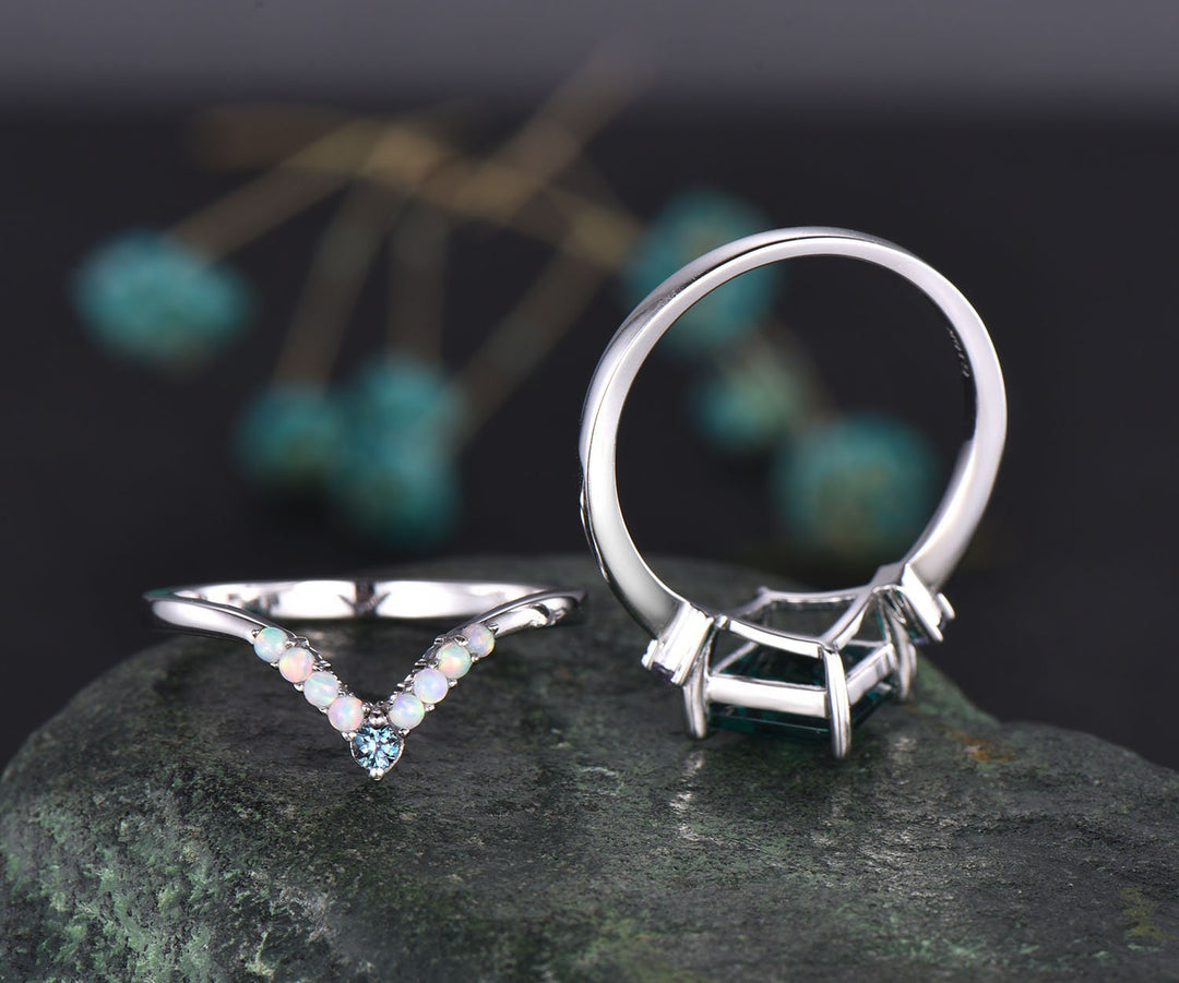 Princess cut Alexandrite engagement ring set vintage opal ring set white gold ring set color change stone ring women dainty jewelry gift
