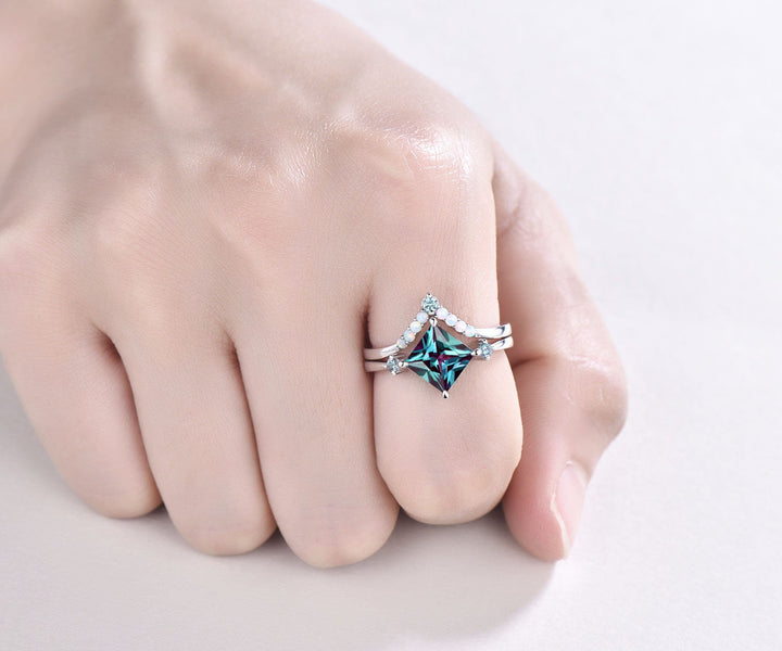 Princess cut Alexandrite engagement ring set vintage opal ring set white gold ring set color change stone ring women dainty jewelry gift