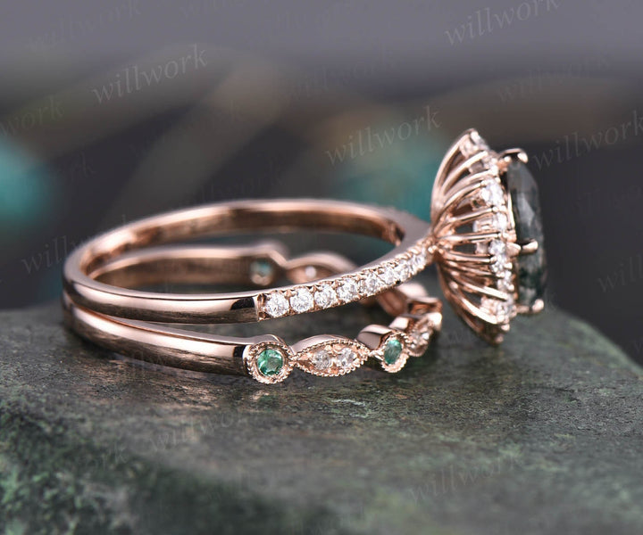 Oval cut moss agate ring gold silver vintage unique green moss agate engagement ring set art deco emerald diamond wedding ring set for women